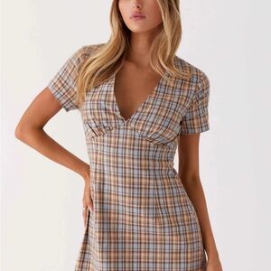 Peppermayo Niki Cap Sleeve Mini Dress - Blue & Brown Plaid V Neck Dress